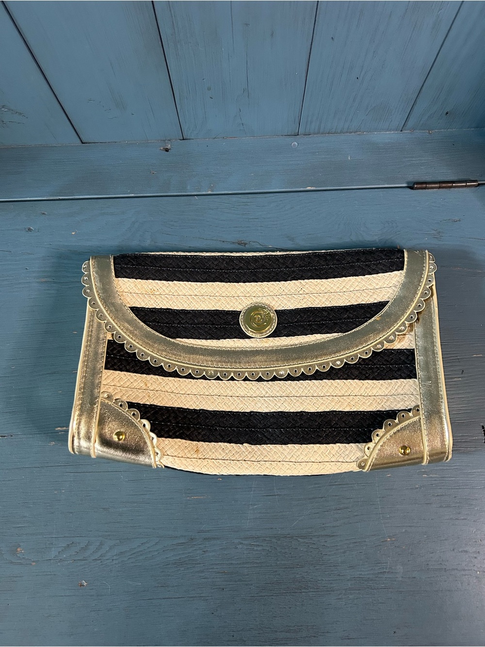 Mud Pie Black and Cream Striped Scalloped Clutch with Gold Trim | Summer